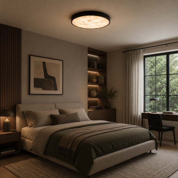 Modern Flush Mount Ceiling Light with Copper Iron and Marble Diffuser for Soft Even Illumination