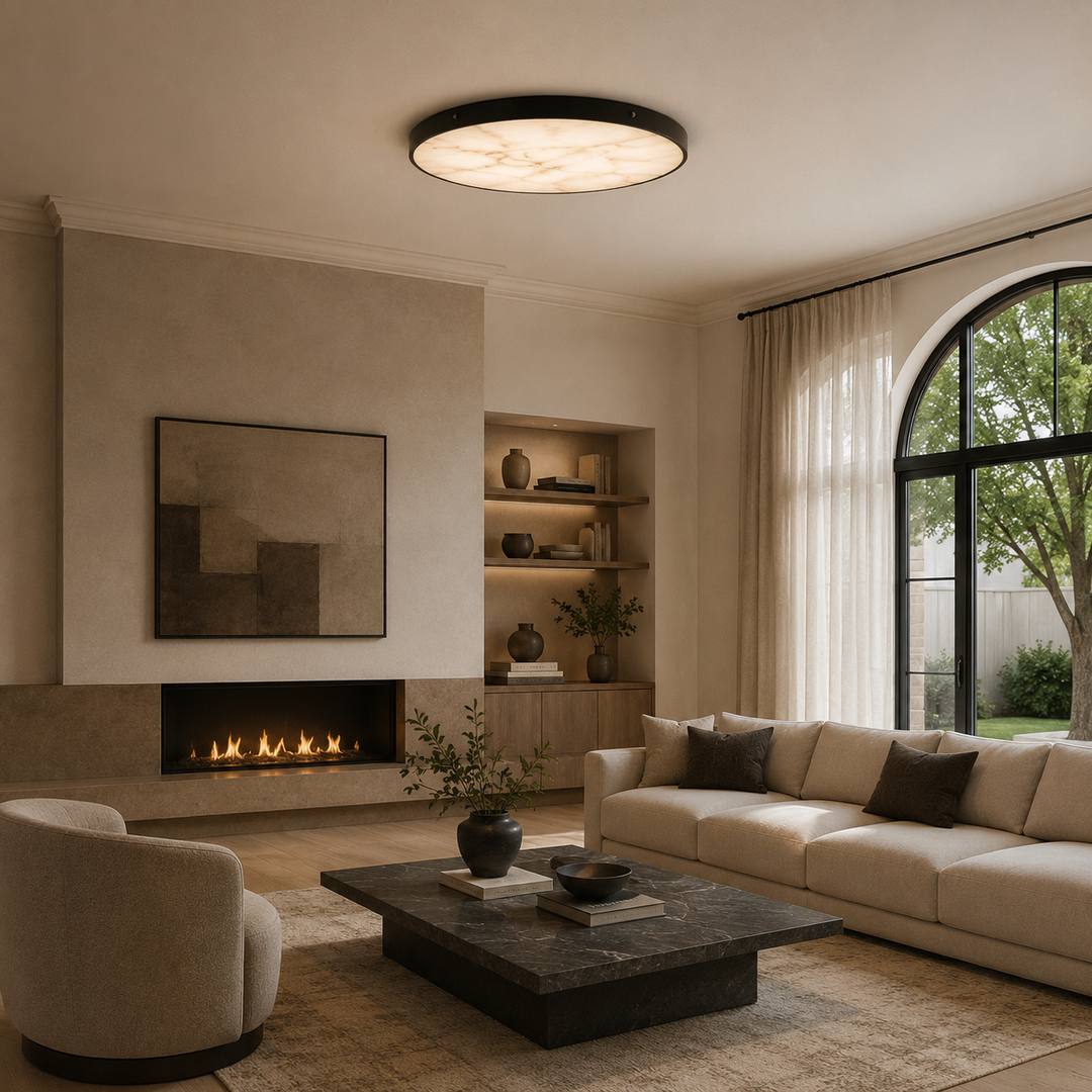 Modern Flush Mount Ceiling Light with Copper Iron and Marble Diffuser for Soft Even Illumination