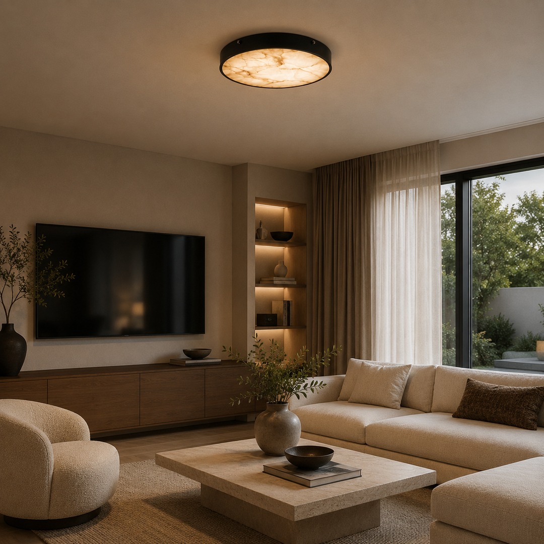 Modern Flush Mount Ceiling Light with Copper Iron and Marble Diffuser for Soft Even Illumination