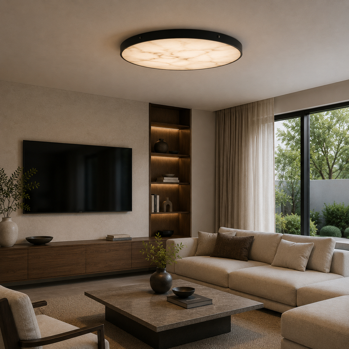 Modern Flush Mount Ceiling Light with Copper Iron and Marble Diffuser for Soft Even Illumination