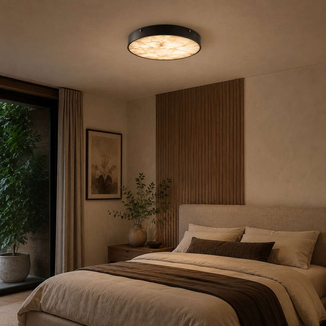 Modern Flush Mount Ceiling Light with Copper Iron and Marble Diffuser for Soft Even Illumination