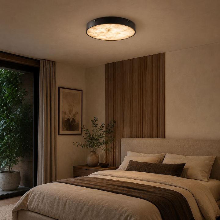 Modern Flush Mount Ceiling Light with Copper Iron and Marble Diffuser for Soft Even Illumination