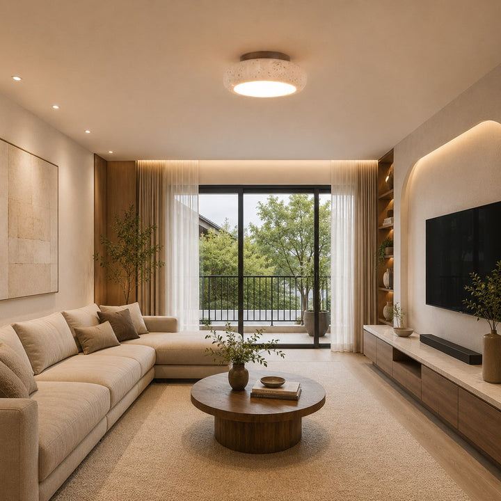 Modern Flush Mount Ceiling Light with Yellow Travertine Shade Wood Body Adjustable LED