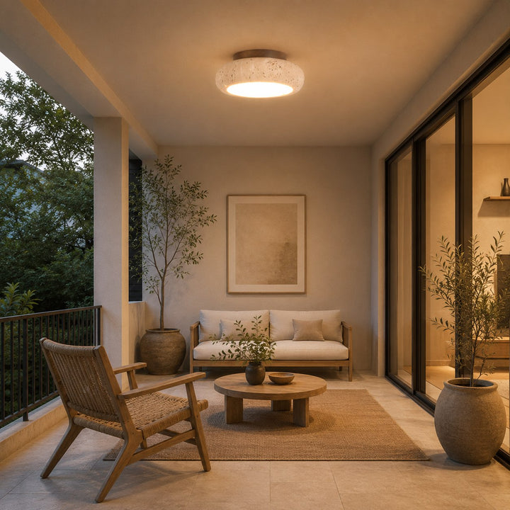 Modern Flush Mount Ceiling Light with Yellow Travertine Shade Wood Body Adjustable LED