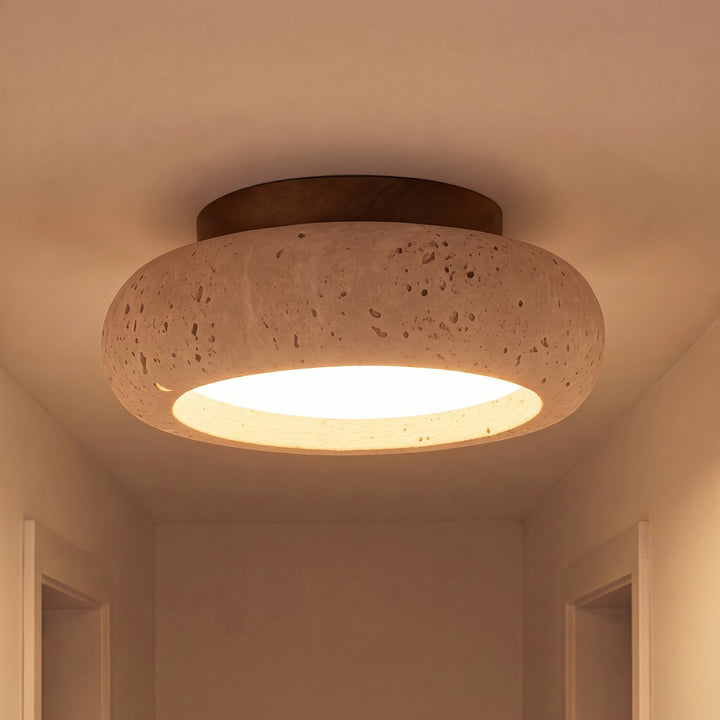 Modern Flush Mount Ceiling Light with Yellow Travertine Shade Wood Body Adjustable LED