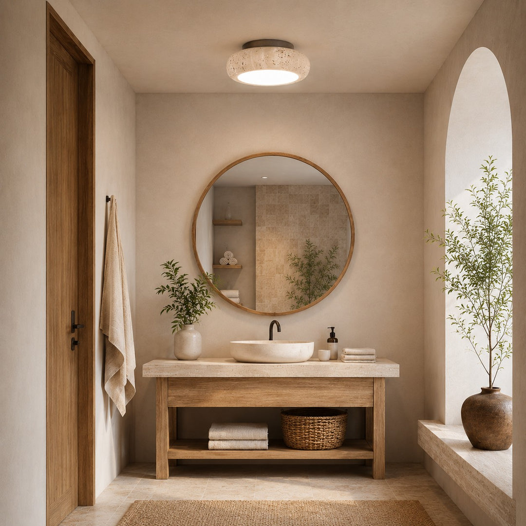 Modern Flush Mount Ceiling Light with Yellow Travertine Shade Wood Body Adjustable LED