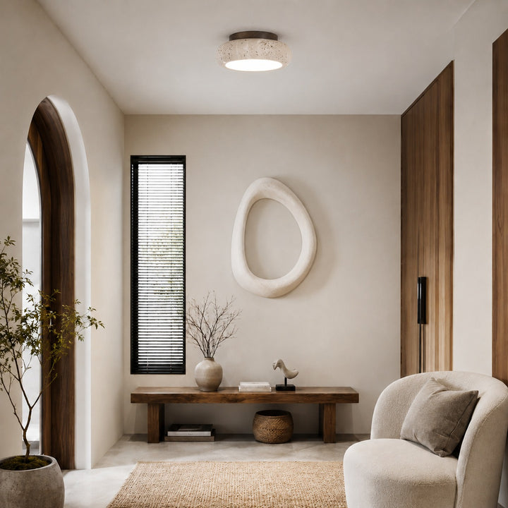 Modern Flush Mount Ceiling Light with Yellow Travertine Shade Wood Body Adjustable LED