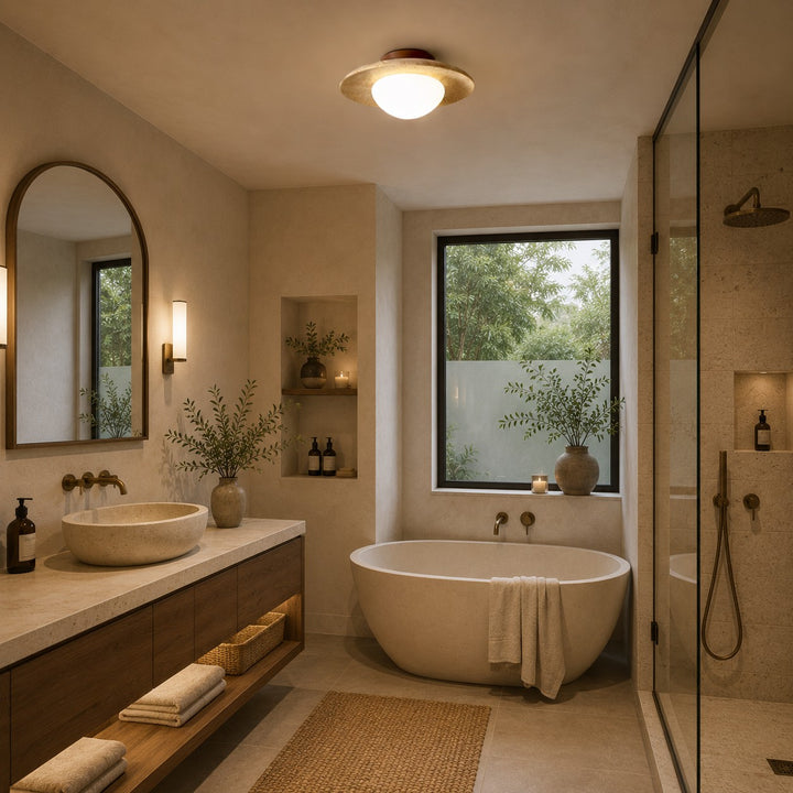 Modern Minimalist Flush Mount Ceiling Light with Travertine Body and LED Soft Glass Shade