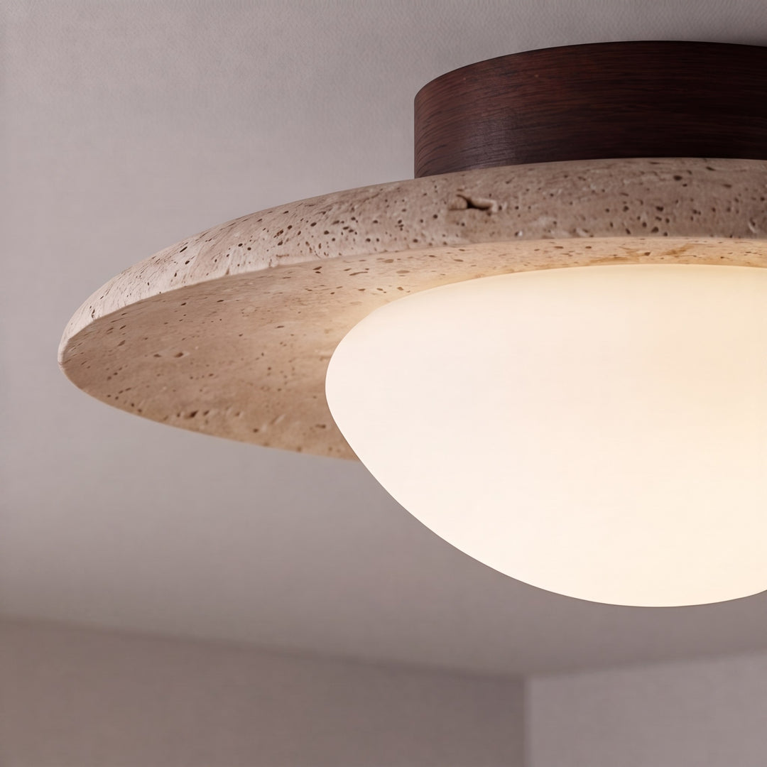 Modern Minimalist Flush Mount Ceiling Light with Travertine Body and LED Soft Glass Shade