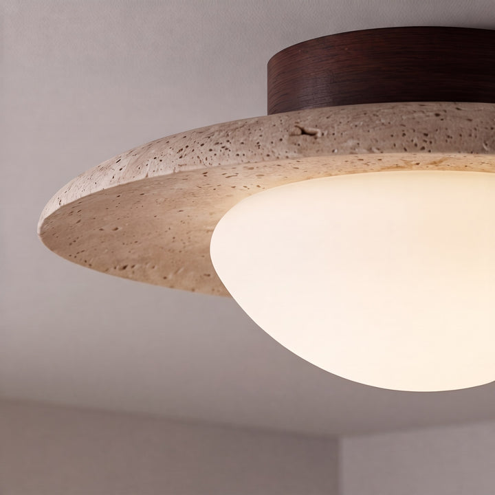 Modern Minimalist Flush Mount Ceiling Light with Travertine Body and LED Soft Glass Shade
