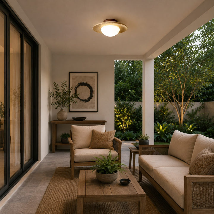 Modern Minimalist Flush Mount Ceiling Light with Travertine Body and LED Soft Glass Shade