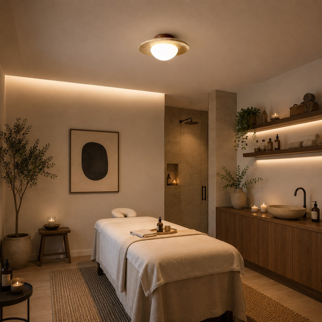 Modern Minimalist Flush Mount Ceiling Light with Travertine Body and LED Soft Glass Shade