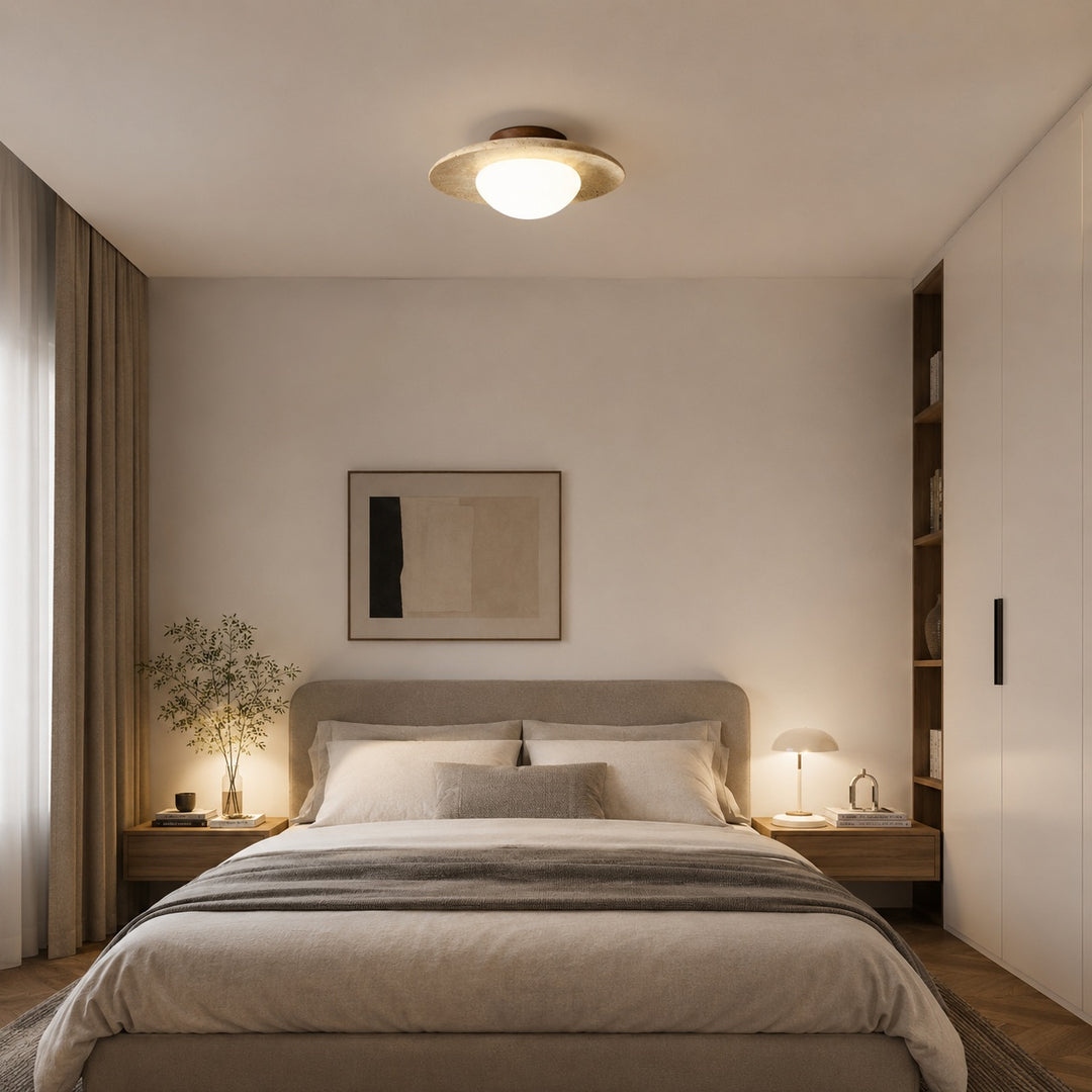Modern Minimalist Flush Mount Ceiling Light with Travertine Body and LED Soft Glass Shade