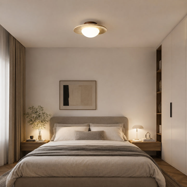 Modern Minimalist Flush Mount Ceiling Light with Travertine Body and LED Soft Glass Shade
