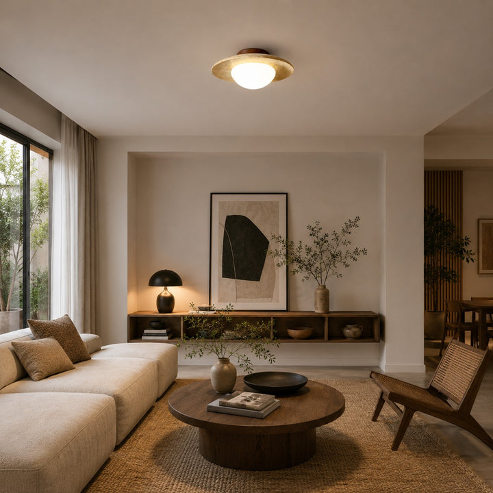 Modern Minimalist Flush Mount Ceiling Light with Travertine Body and LED Soft Glass Shade