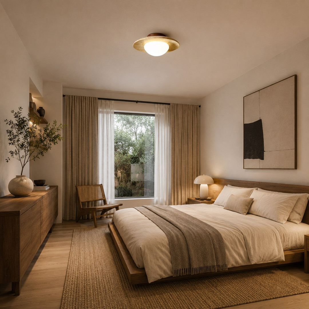 Modern Minimalist Flush Mount Ceiling Light with Travertine Body and LED Soft Glass Shade