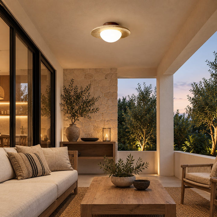Modern Minimalist Flush Mount Ceiling Light with Travertine Body and LED Soft Glass Shade
