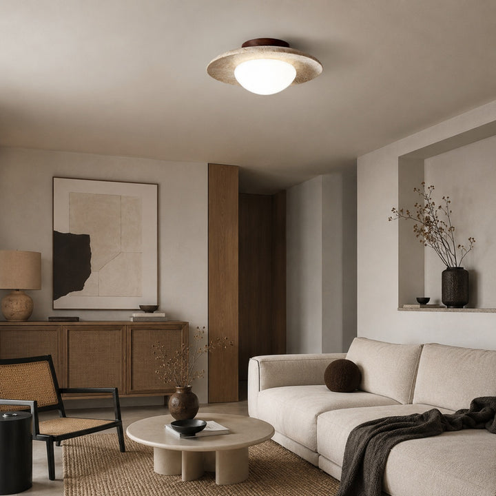 Modern Minimalist Flush Mount Ceiling Light with Travertine Body and LED Soft Glass Shade