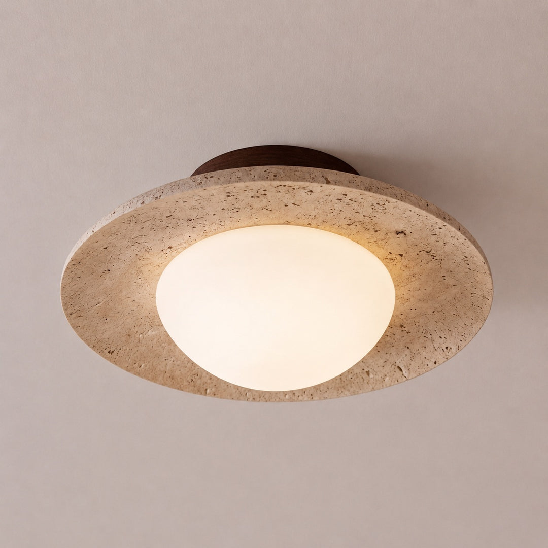 Modern Minimalist Flush Mount Ceiling Light with Travertine Body and LED Soft Glass Shade