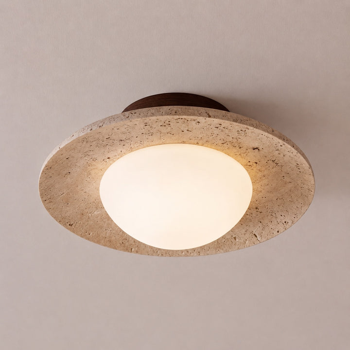 Modern Minimalist Flush Mount Ceiling Light with Travertine Body and LED Soft Glass Shade
