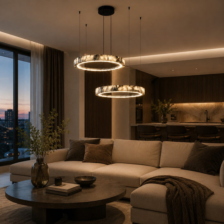Modern Multi Ring Chandelier Pendant Light Adjustable Natural Marble Integrated LED Illumination