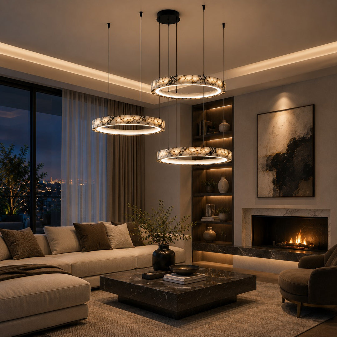 Modern Multi Ring Chandelier Pendant Light Adjustable Natural Marble Integrated LED Illumination