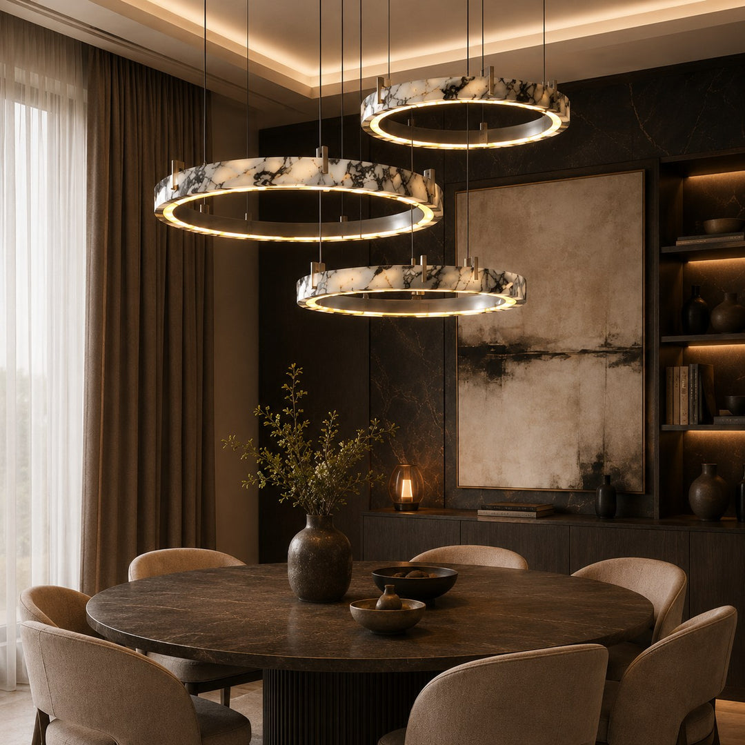 Modern Multi Ring Chandelier Pendant Light Adjustable Natural Marble Integrated LED Illumination