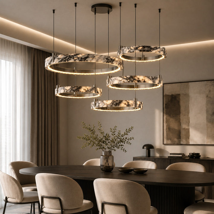Modern Multi Ring Chandelier Pendant Light Adjustable Natural Marble Integrated LED Illumination