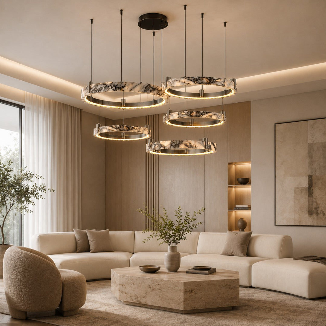 Modern Multi Ring Chandelier Pendant Light Adjustable Natural Marble Integrated LED Illumination