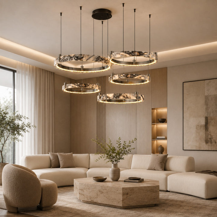 Modern Multi Ring Chandelier Pendant Light Adjustable Natural Marble Integrated LED Illumination