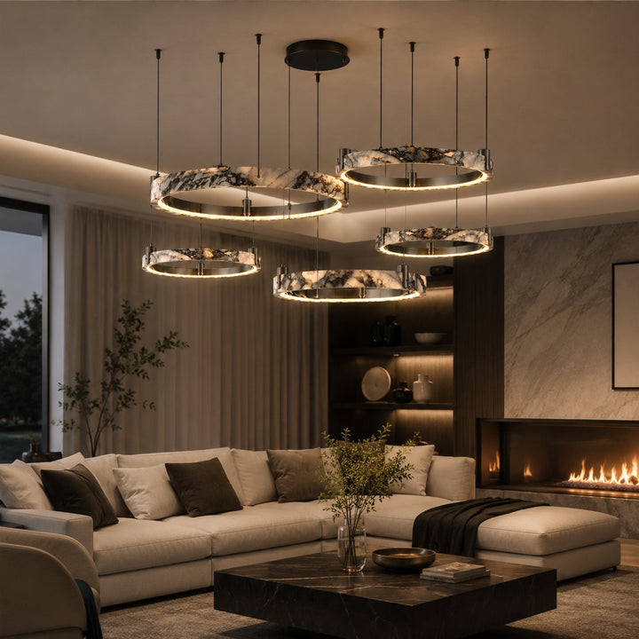 Modern Multi Ring Chandelier Pendant Light Adjustable Natural Marble Integrated LED Illumination