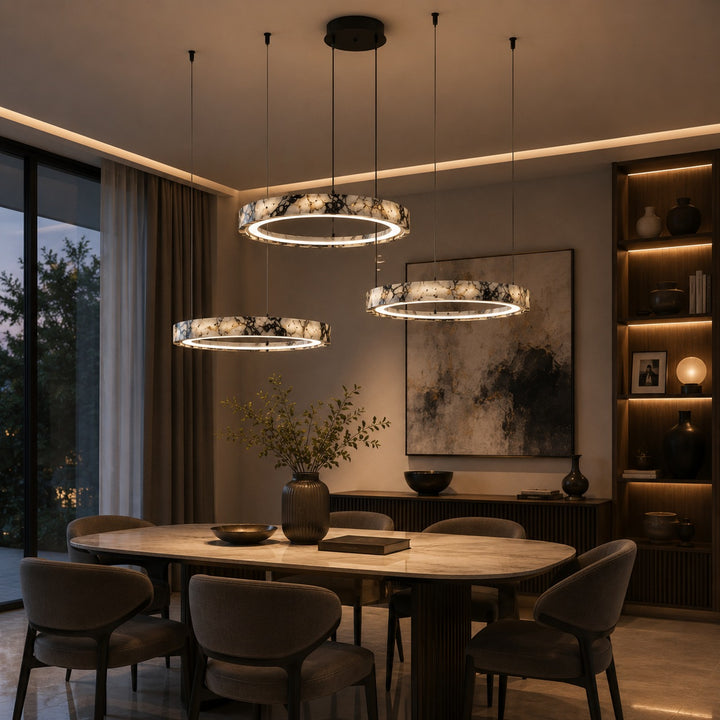 Modern Multi Ring Chandelier Pendant Light Adjustable Natural Marble Integrated LED Illumination