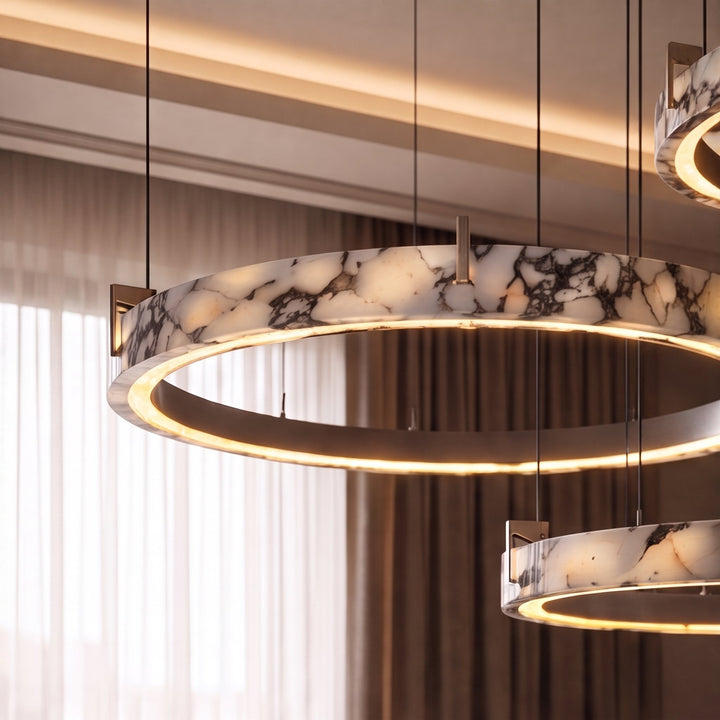 Modern Multi Ring Chandelier Pendant Light Adjustable Natural Marble Integrated LED Illumination