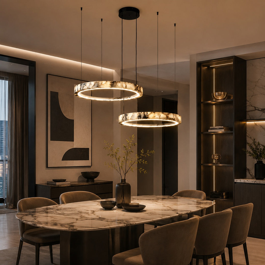 Modern Multi Ring Chandelier Pendant Light Adjustable Natural Marble Integrated LED Illumination