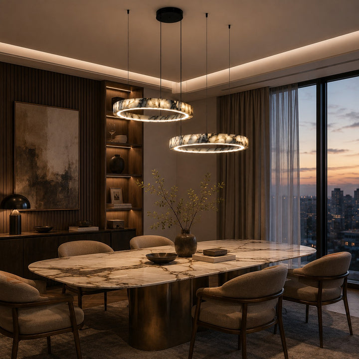 Modern Multi Ring Chandelier Pendant Light Adjustable Natural Marble Integrated LED Illumination