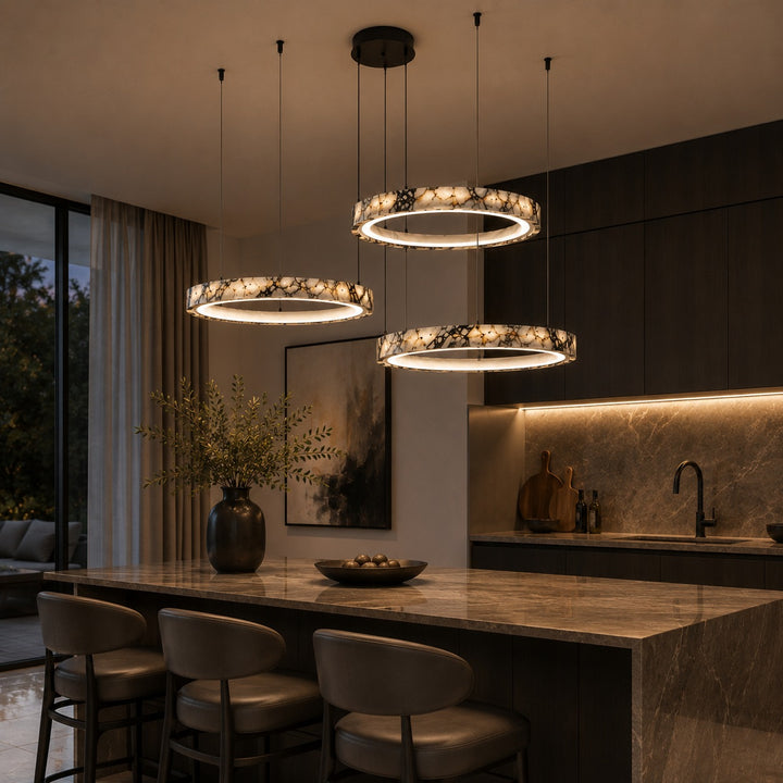 Modern Multi Ring Chandelier Pendant Light Adjustable Natural Marble Integrated LED Illumination