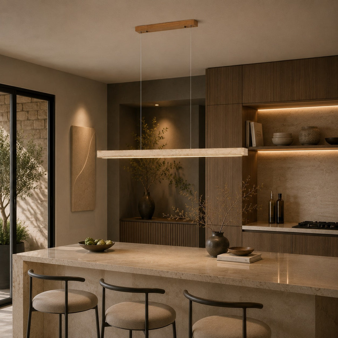 Modern Pendant Lamp with Adjustable LED Lighting and Travertine Shade for Kitchen Island