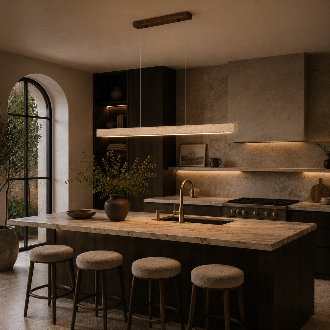 Modern Pendant Lamp with Adjustable LED Lighting and Travertine Shade for Kitchen Island