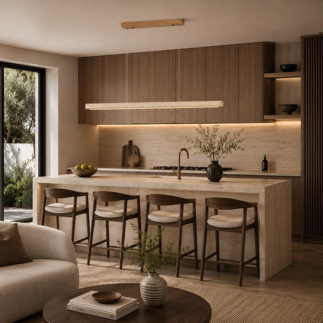 Modern Pendant Lamp with Adjustable LED Lighting and Travertine Shade for Kitchen Island