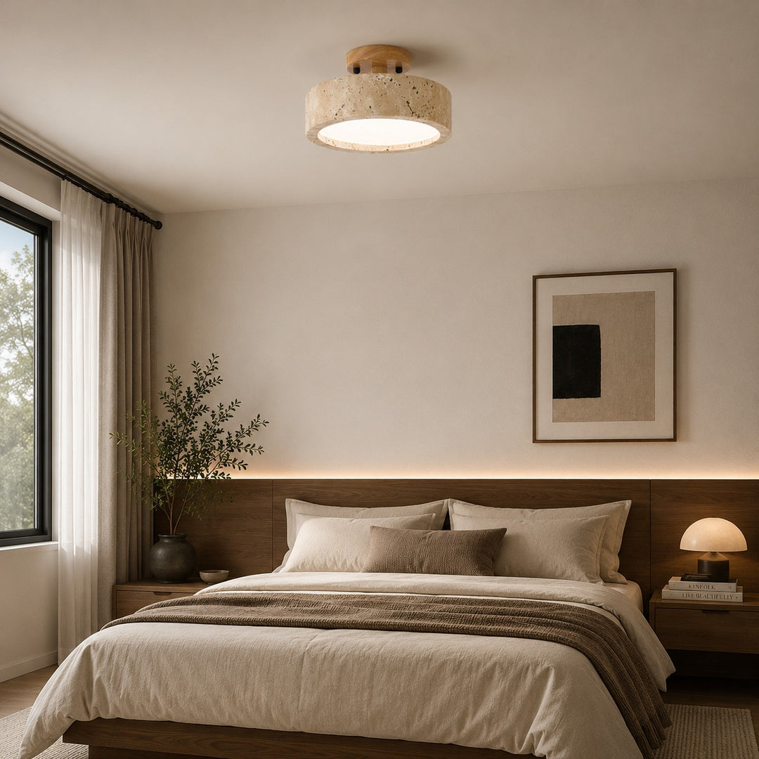 Modern Round Flush Mount Ceiling Light Fixture Yellow Travertine LED Dimmable 20cm