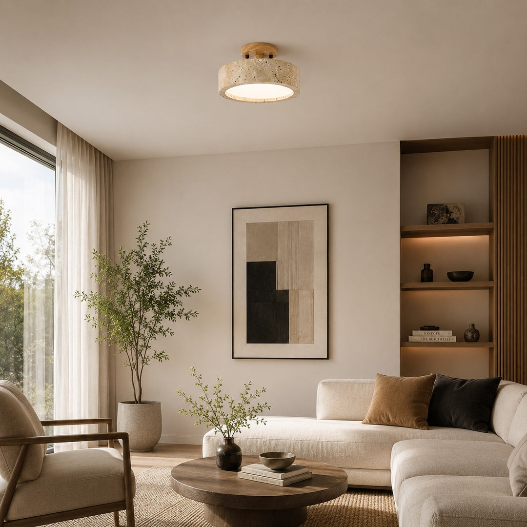 Modern Round Flush Mount Ceiling Light Fixture Yellow Travertine LED Dimmable 20cm