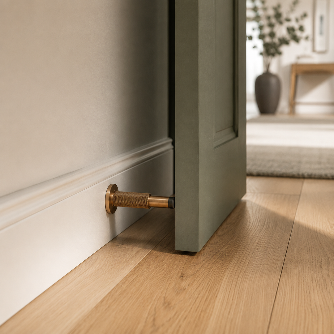 Modern Solid Brass Door Stop Wall Mounted Floor Mounted Knurled Design with Rubber-Capped Tip