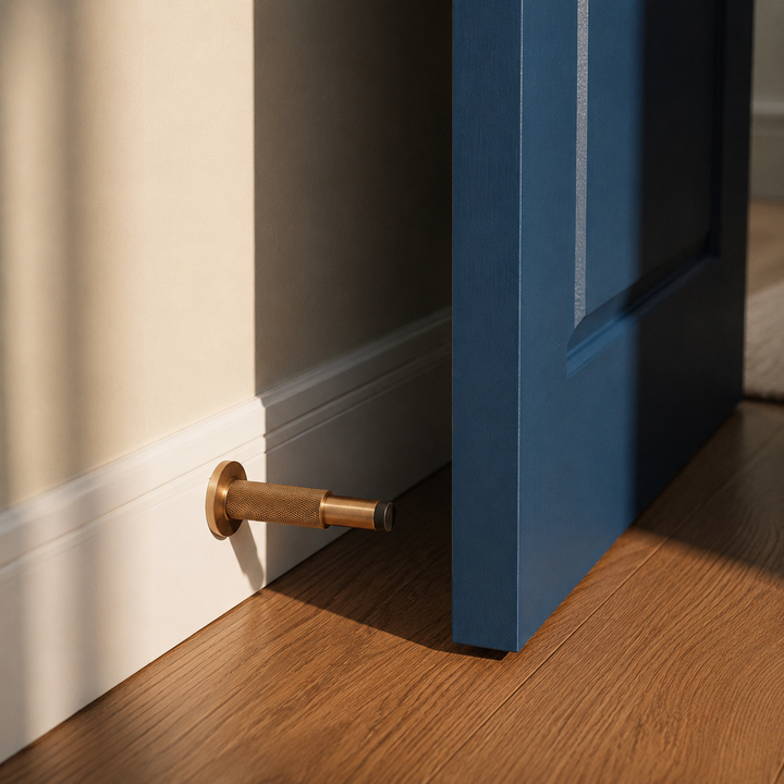 Modern Solid Brass Door Stop Wall Mounted Floor Mounted Knurled Design with Rubber-Capped Tip