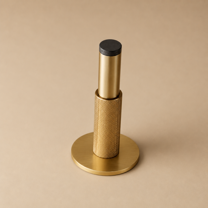 Modern Solid Brass Door Stop Wall Mounted Floor Mounted Knurled Design with Rubber-Capped Tip