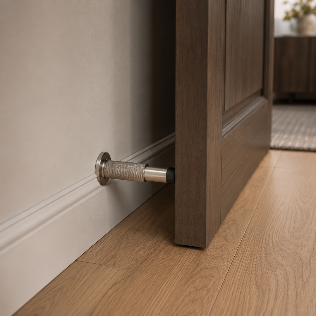 Modern Solid Brass Door Stop Wall Mounted Floor Mounted Knurled Design with Rubber-Capped Tip