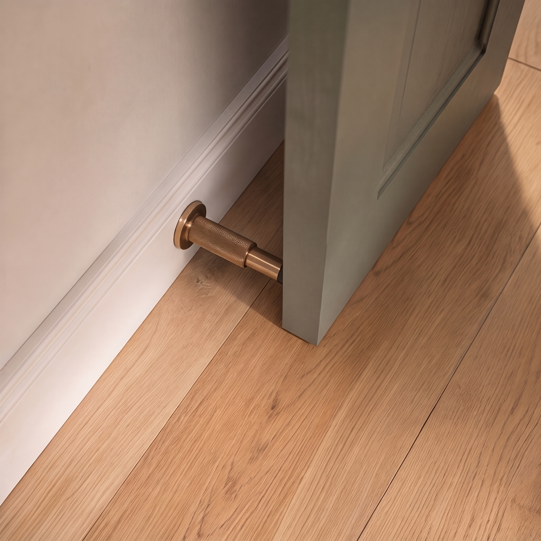 Modern Solid Brass Door Stop Wall Mounted Floor Mounted Knurled Design with Rubber-Capped Tip