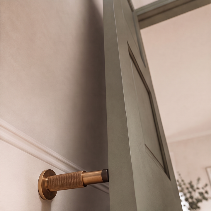 Modern Solid Brass Door Stop Wall Mounted Floor Mounted Knurled Design with Rubber-Capped Tip