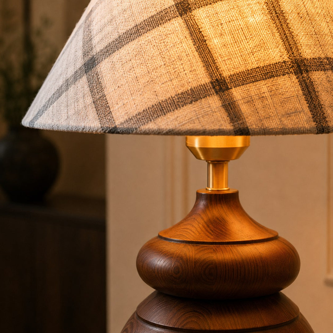 Modern Table Lamp with Adjustable Height Wooden Base and Fabric Shade for Bedroom or Desk Use