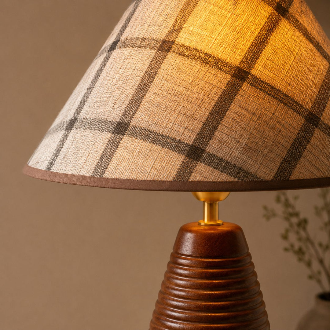 Modern Table Lamp with Adjustable Height Wooden Base and Fabric Shade for Bedroom or Desk Use