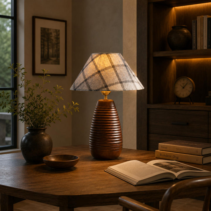 Modern Table Lamp with Adjustable Height Wooden Base and Fabric Shade for Bedroom or Desk Use